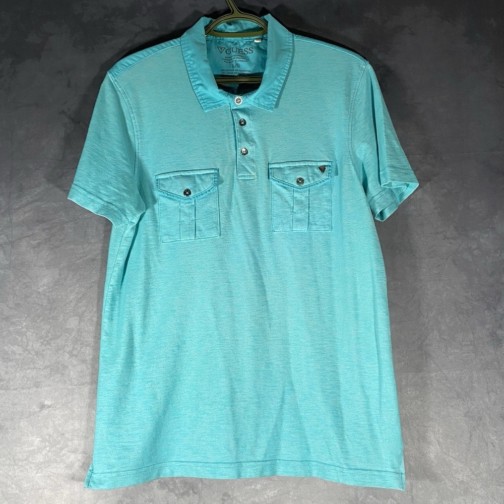 Guess Button Down Shirt Blue Short Sleeve Pocket Size L Lightweight Casual